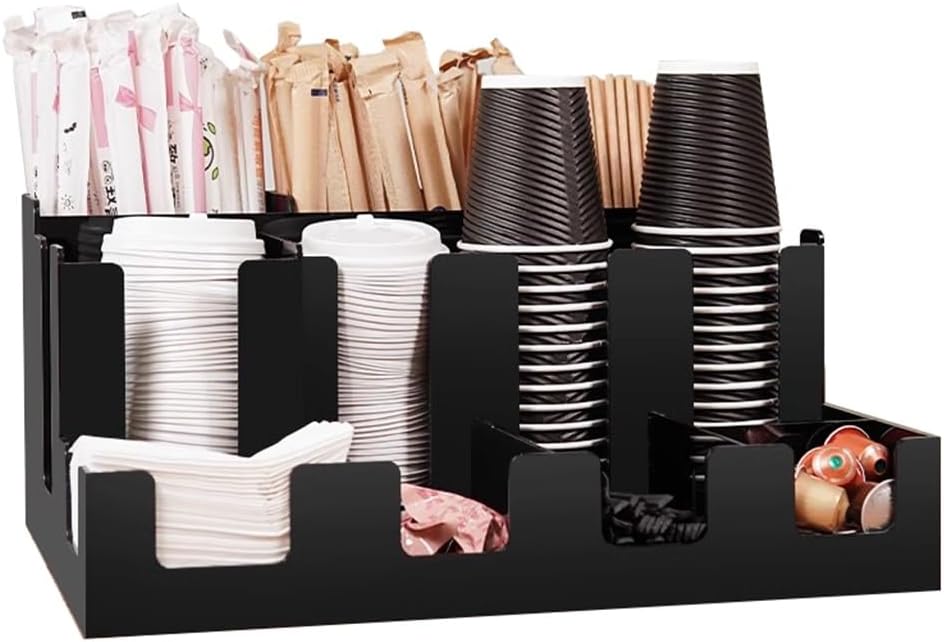 Coffee Bar Organizer, Acrylic11 Compartment Paper Cup Storage Rack, Coffee Cup Organizer Condiment Caddy (Black 44 * 33.5 * 20cm)
