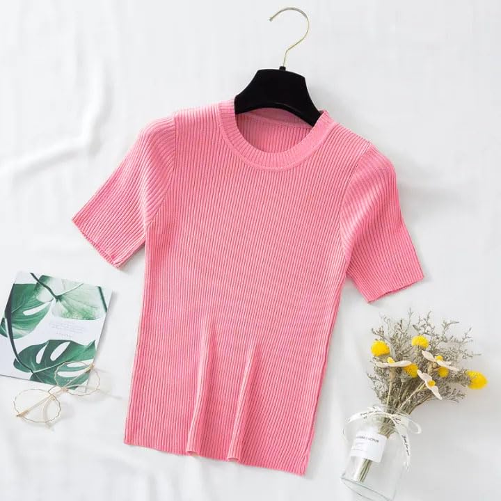 Image of Istyle Can Women Ribbed Slim Fit Top | Stretch Cotton Knit Crew Neck T-Shirt | Solid Casual Short Sleeve Tee for Office, Layering