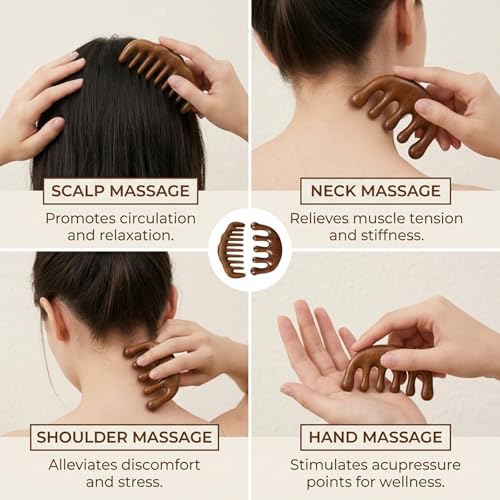 Image of 2pcs Wooden Scalp Massager Comb - Hair Comb for Curly Hair - Wide Tooth Detangling Sandalwood Comb - No Static Natural Aroma Wood Comb for Women and Men