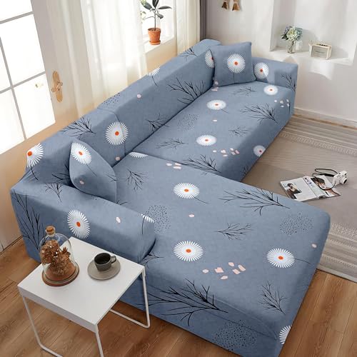 Image of Amazon Brand - Solimo L-Shaped Sofa Printed Slipcover | 2 Pieces Elastic Sofa Cover | High Density Stretch Fabric | Universal Fit (Grey)