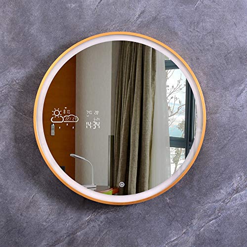 Review Product QIERAO Touch Switch Bathroom Mirror Weather Forecast, LED Illuminate Light Demist/Defogging Makeup Wall Mirror with Calendar Time Date Temperature Humidity Display (23.6X23.6 Inch - Gold)