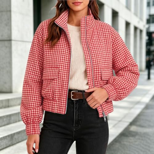 KioraLee Women's Gingham Funnel Neck Bomber Jacket Zip Up Cropped Coat S - image 2