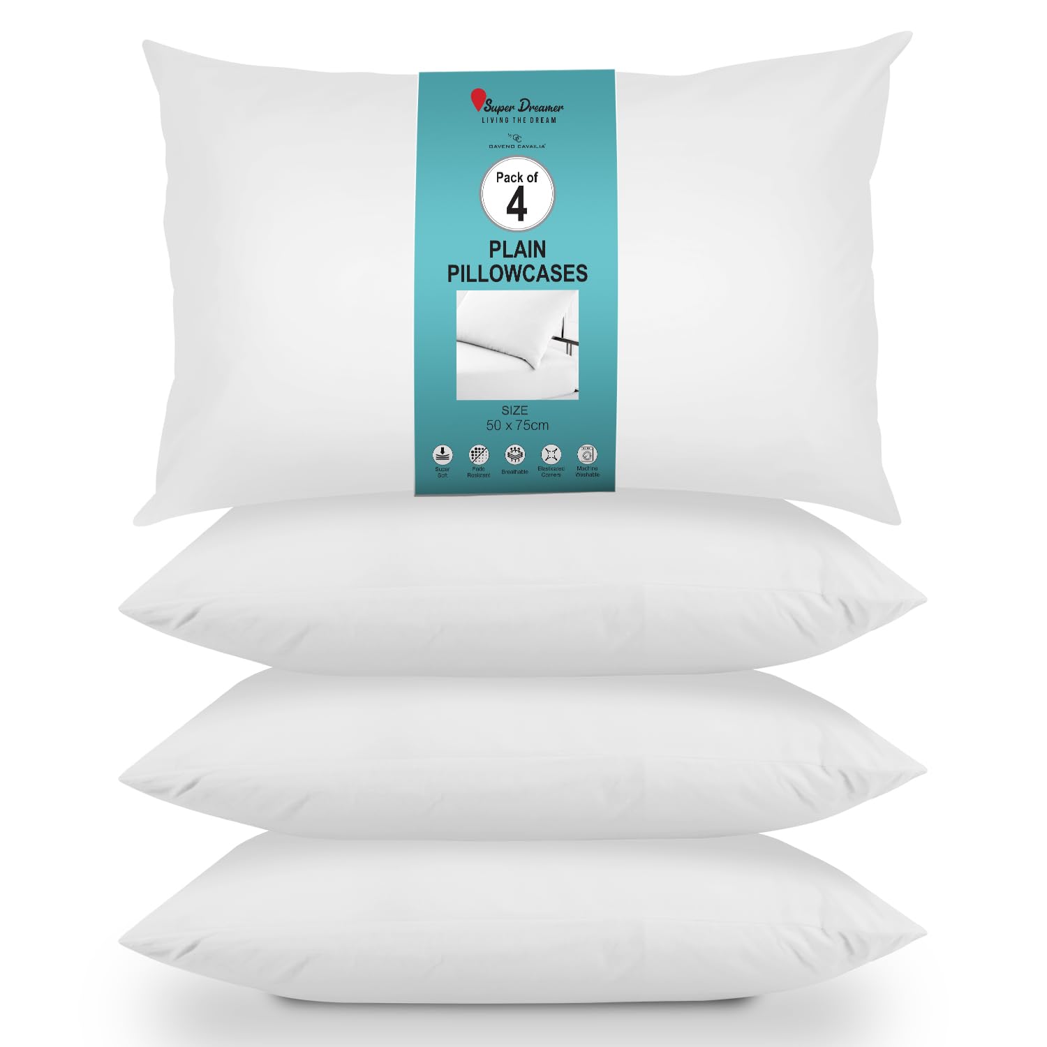 GC GAVENO CAVAILIA Housewife Pillowcases 4 Pairs - 100% Microfibre Bed Pillow - Standard Size 75x50 cm - Hypoallergenic Pillowcase - Envelope Closure - Wrinkle, Fade & Stain Resistant - White