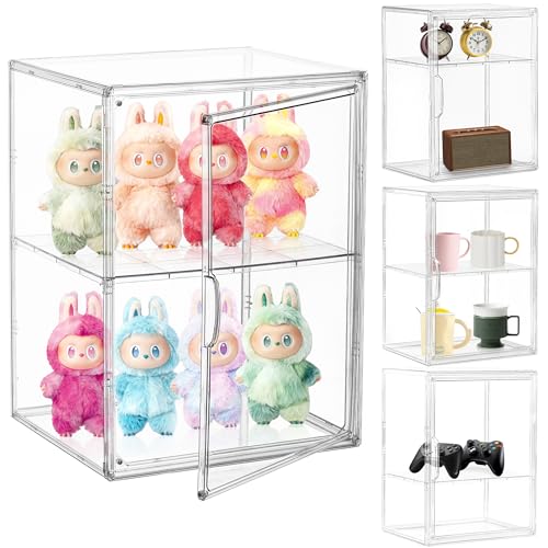 Image of Attelite Acrylic Display Case for Collectibles, Clear Storage Bin with 3 Adjustable Layers, Stackable Storage Box with Magnetic Door for Figures, Home Office,Large,2 Tier Clear Storage Bin,4Pack