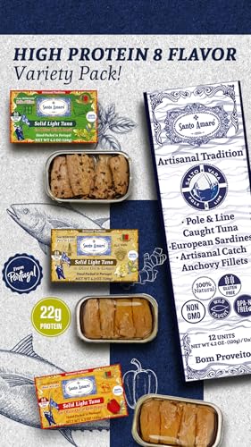 Image of Santo Amaro Portuguese Wild Tuna Variety Pack, Hand Cut, Pole & Line Caught, 8 Flavors, Ultramar Legacy, Artisinal Tradition, Olive Oil with Basil, Turmeric Curry, Oregano, Piri Piri Pepper, Ginger, Roasted Bell Pepper, Spring Water (120g per can - Pack of 12)