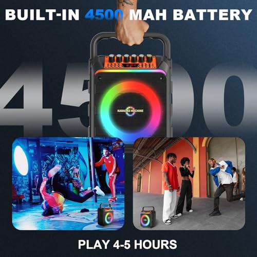 Image of Karaoke Machine with 2 Wireless Microphones, Portable Bluetooth Speaker with Bass /Treble Adjustment, PA System with Remote Control, LED Light, Support REC /FM /AUX /USB /TF for Home Party, Orange