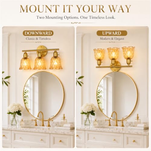 Image of 19.3 inch 3-Light Bathroom Light Fixtures, Gold Vintage Vanity Lights with Clear Amber Tulip Glass Shade, Bathroom Wall Lamp for Mirror Kitchen Living Room Hallway Cabinet Porch