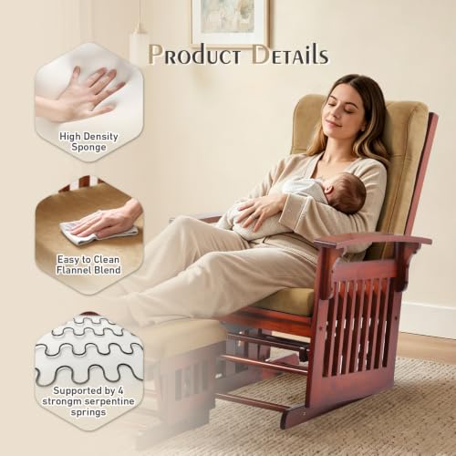 Image of Solid Wood Glider Rocking Chair with Ottoman, Cushion Set, Dark Coffee