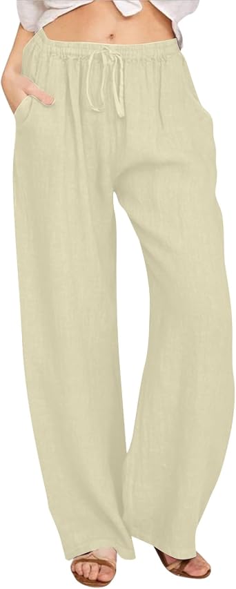 Wide Leg Linen Pants Women Drawstring Elastic Waist Summer Beach Lounge Loose Casual Plus Size Palazzo Trousers 2026