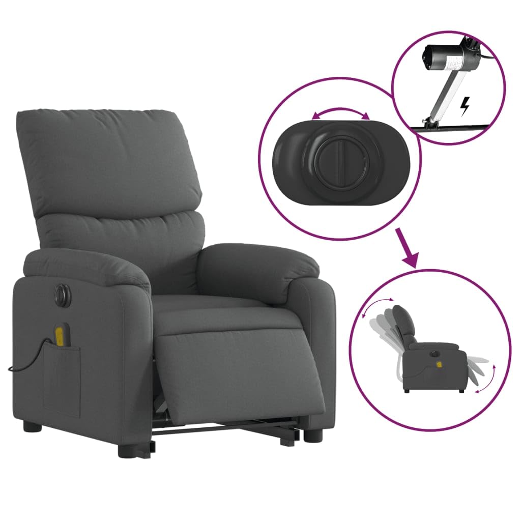Sillón elevador eléctrico con masaje reclinable gris oscuro de tela con 6 puntos de vibración y función de elevación para ancianos, cómoda y estable