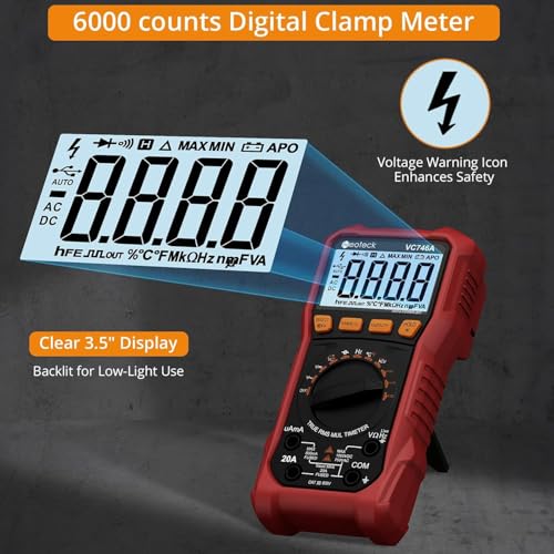 Image of Neoteck 6000 Counts Digital Multimeter for DC AC Voltage /Current TRMS Voltmeter with Test Probe Auto Range Multimeter with NCV Live for Temperature Capacitance Resistance Diode Continuity Red