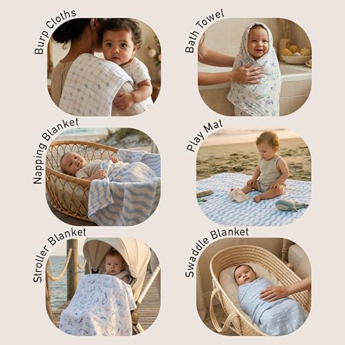 Image of GLLQUEN BABY Muslin Swaddle Blankets 4-Pack Breathable Receiving Blankets (35 inch x 40 inch) Soft Baby Blankets for Girls and Boys Newborn Essentials Muslin Burp Cloths Swaddle Wrap Baby Gift(Ocean Whimsy)