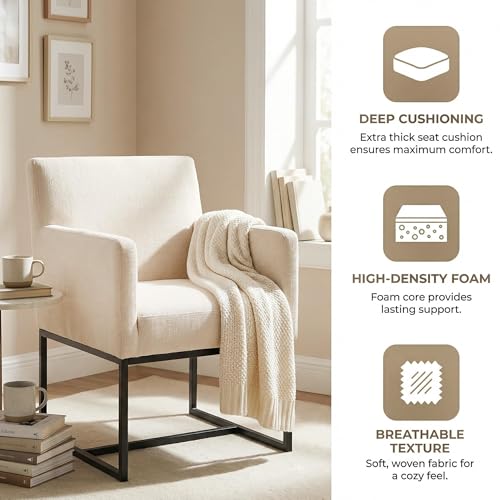 Image of HNY Mid Century Modern Upholstered Dining Chairs with Arms Set of 6, Linen Accent Chairs with Black Finish Metal Frame, 19 inch Wide Arm Chairs for Living Room Kitchen Bedroom, Cream