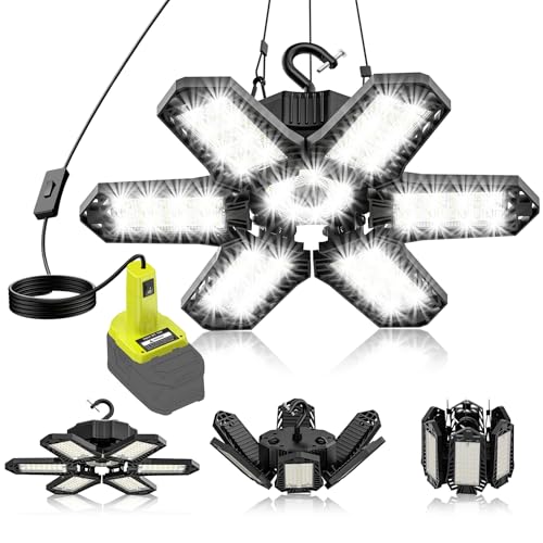 Image of LED Work Light Compatible with Ryobi 18V Battery - 68W 6800LM Garage Flood Light 6+1 Deformable Panels Pendant Ceiling Light, Emergency Camping Light for Shed, Workshop, Job Site