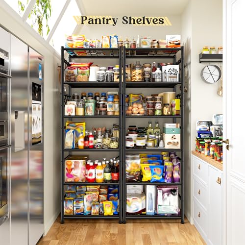 Image of DurayLoly Storage Shelves-6 Tier Metal Shelving Unit with Hooks,Heavy Duty Garage Shelving with Leveling Feet,High Standing Shelf Organizer for Kitchen Pantry Bathroom Dorm,17.7 inchWx11.8 inchD x72.2 inchH,Black