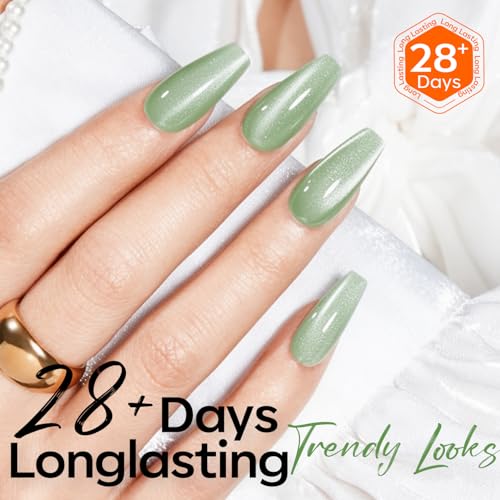 Image of modelones Green Cat Eye Gel Nail Polish Glassy Magnetic Glitter Holographic Mint Green Grape Reflective Translucent Gel Polish Jelly Translucent UV Gel Manicure 15 ML