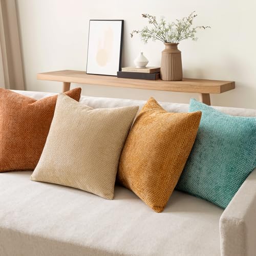 Image of MIULEE Pack of 4 Orange /Teal Couch Throw Pillow Covers 18x18 Inch Yellow Green Soft Decorative Chenille Pillows Farmhouse Accent Cushions for Boho Fall Home Decor Sofa Bedroom Living Room