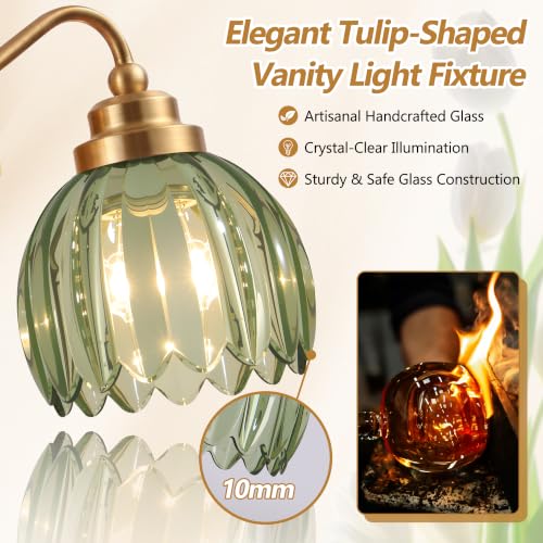 Image of Vintage Gold Vanity Lights, 3 Light Tulip Crystal, Antique Brass Finish | Brushed Gold Bathroom Light Fixtures, Green Wall Sconce Ideal for Bedroom, Living Room, E26 Compatible, Easy Install
