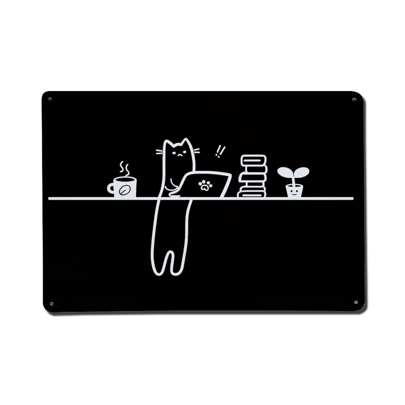 Cat With Laptop And Coffee Metal Tin Sign Plaque
