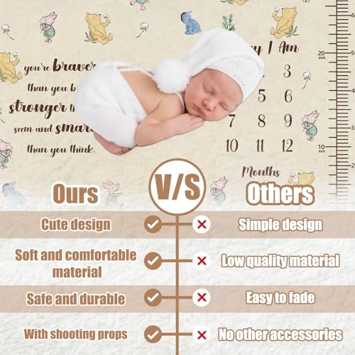 Image of Classic Pooh Baby Monthly Milestone Blanket, Winnie Baby Blanket Growth Chart, Blanket with Photo Tools, with Double-Sided Printed Cardstock(16 Unforgettable Moments of Babies) 30 * 40in