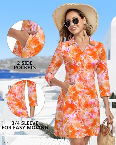 Image of WOWENY 3 /4 Sleeve Dress for Women with Pockets V Neck UPF 50+ Casual Sun Dress Breathable Quick Dry Beach Vacation