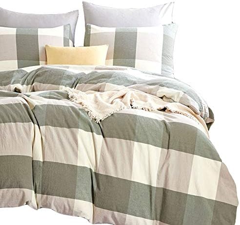 ATsense Duvet Cover Queen, 100% Washed Cotton, Bedding Duvet Cover Set, 3-Piece, Ultra Soft and Easy Care, Simple Style Farmhouse Comforter Cover Set (Green Plaid Y7004-1)
