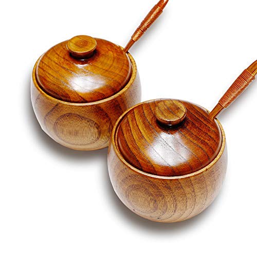 Wooden Salt Cellar Salt Box Bowl Salt Container Holder Keeper Spice Jar Condiment Bowls Condiment Serving Set Seasoning Container Storage Box with Lid and Spoon Kitchen Tool - 2 Sets