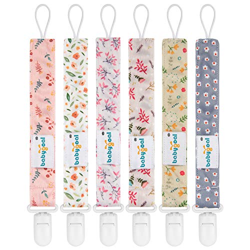 Image of babygoal Floral Pacifier Clips, 6 Pack Binky Paci Holder Clips Leashes Fits Most Pacifiers and Binkies for Baby Girl & Boy Gift 6PS21