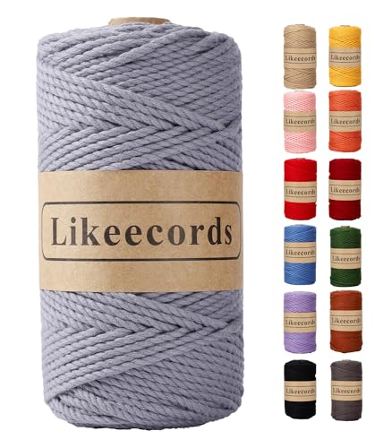 Likeecords Cotton Macrame Cord, 3mm x 100m, 3 Strand Twisted, Macrame Rope for DIY Crafts, Knitting, Plant Hangers, Christmas Wedding Decor (Charcoal)