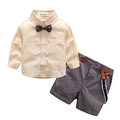 Baby Boy Shirt and Tie Sets Long Sleeve Woven Top+ Bowknot+ Shorts with Suspender Straps Outfits Yellow