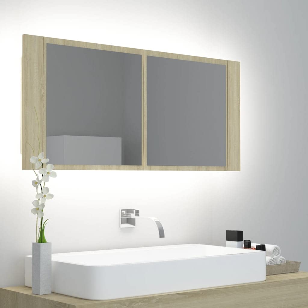 Szafka łazienkowa LED z lustrem dąb sonoma 100 x 12 x 45 cm akryl, szafki i przechowywanie, szafka pod umywalkę, szafki łazienkowe