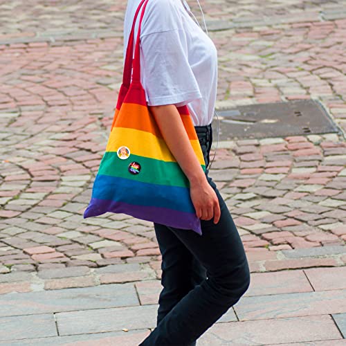 Reginary Rainbow Tote Bag Pride Gift Bag Rainbow Beach LGBT Reusable Laptop Handbags with 6 Pcs Round LGBT Pins Cute Badge for Women Men Work Study Pride Parade Wedding Party Gifts, 14. 76" x 12. 99"4