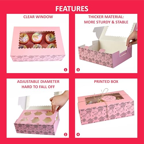 Image of mudrit Cupcake Boxes with Insert Trays (Pack of 10), Cupcake Carrier, Food Grade Bakery Boxes with Windows to fit 6 Cupcakes, Muffins or Pastries (Pink)