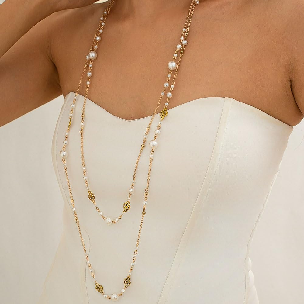 Layered Pearl Long Necklace Dainty Gold Stacking Long Pearl Statement Necklaces Trendy Sweater Strand Accessories Jewelry For Women - Image 4