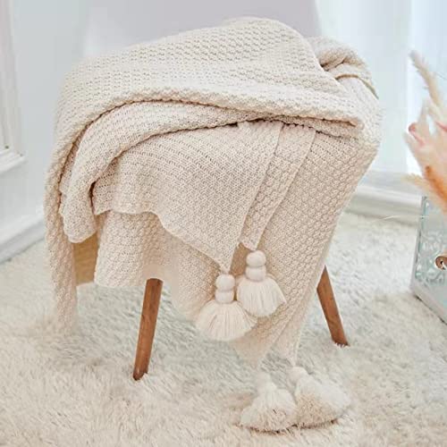 LUKKC Couverture De Style Nordique en Tricot Avec Pompons - Plaid Jeté De Canapé Doux Et Chaud - 120*150CM 150*200CM - Flanelle Beige