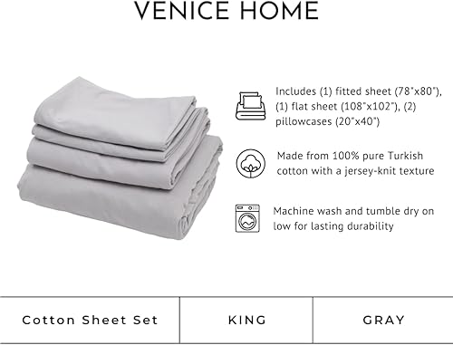 Miniatura 2 de Juego de sábanas de jersey 100% algodón, extrasuave, ajuste fácil, juego de 4 piezas, para todas las estaciones, cómodo, 4 piezas (gris, King)