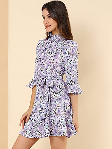 Allegra K Women's Floral 3/4 Bell Sleeve Smocked Belted Flare Ruffle Dress Medium White Purple #TOP1