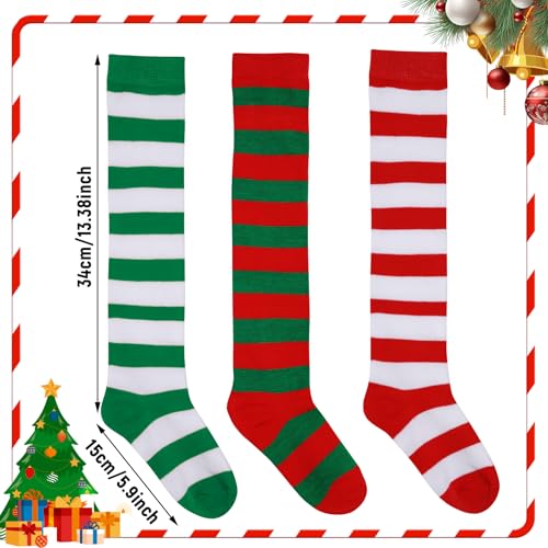 Dxhycc 3 Pairs Christmas Striped Knee High Socks Elf Candy Long Xmas Socks for Girls Boys Christmas Party2