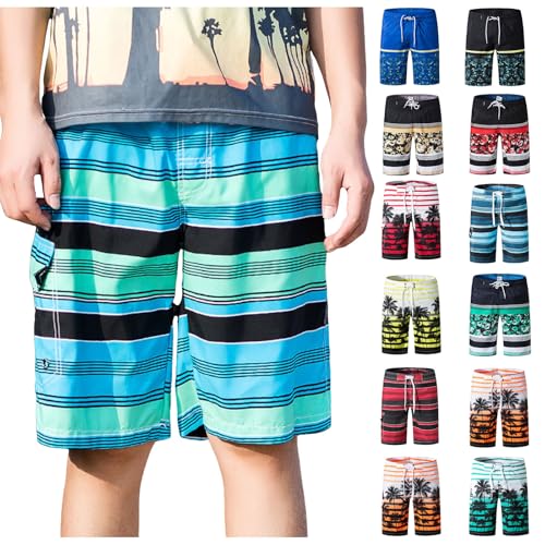 Men's Swim Trunks Hawaiian Striped Print Beach Shorts Summer Lightweight Quick Dry Bathing Pants with Drawstring4