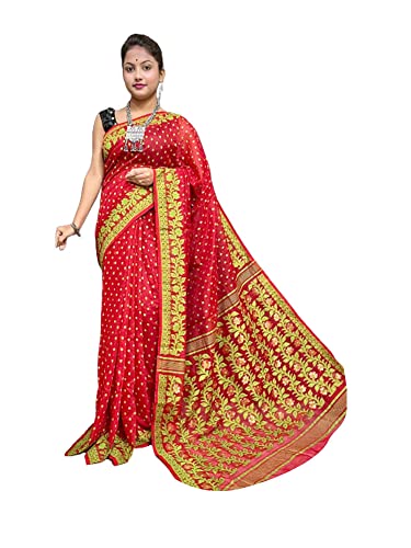 Sari Dhakai Jamdani rojo de algodón, vestido tradicional para bodas y festivales culturales