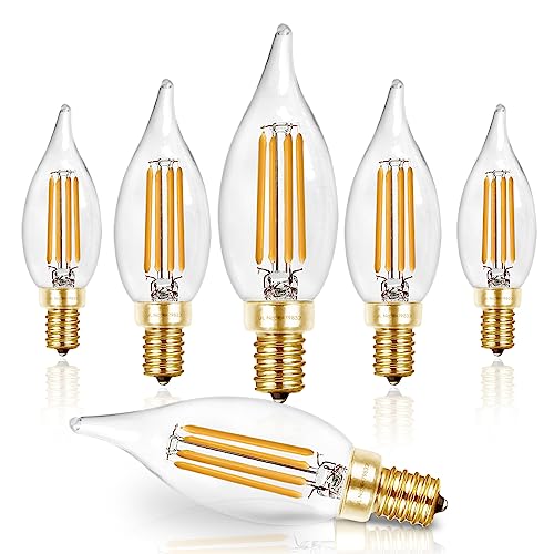 Hizashi E12 Candelabra Bulb 60 watt 2700K Soft Warm White, Dimmable E12 LED Bulb, 90+ CRI 6W 550LM, CA11 Flame Tip LED Chandelier Light Bulbs Candelabra Base, UL Listed - 6 Pack 60w Warm Whi