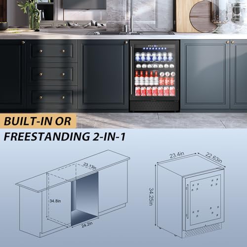 Image of Tylza Beverage Refrigerator 24 Inch, Under Counter /Freestanding Drink Fridge, 190 Cans Beverage Cooler with Glass Door, Reversible Door, Low Noise, Quick Cooling - for Beer, Soda, ETC, Black