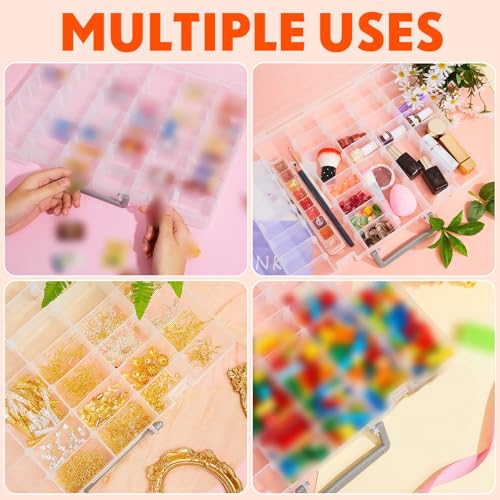 Image of Juexica 2 Pcs Large 48 Grids Plastic Storage Bead Organizer Box, Tackle Box, Compartment Organizer Container with Adjustable Dividers for Jewelry Art Crafts Toys Screw Small Parts(Clear, Purple)