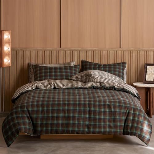 Image of Gingham Duvet Cover King Size Brown Green Plaid Checkered Reversible Bedding Set 3 Pcs Vintage Tan Grid Soft Lightweight Microfiber Comforter Cover Set with Zipper Closure and 2 Pillowcases