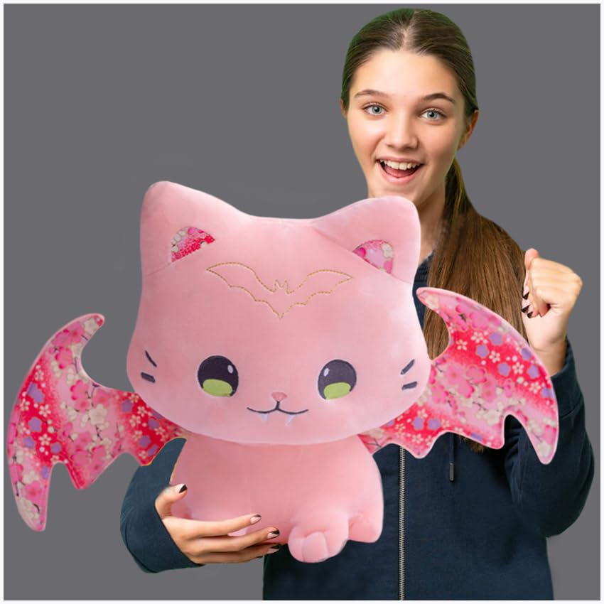 Image of Cuddly Pink Bat Kitten Plush Pillow Gothic Stuffed Cat with Wings,Soft Kitty Bat Plushie Cushion Gifts /11.8''