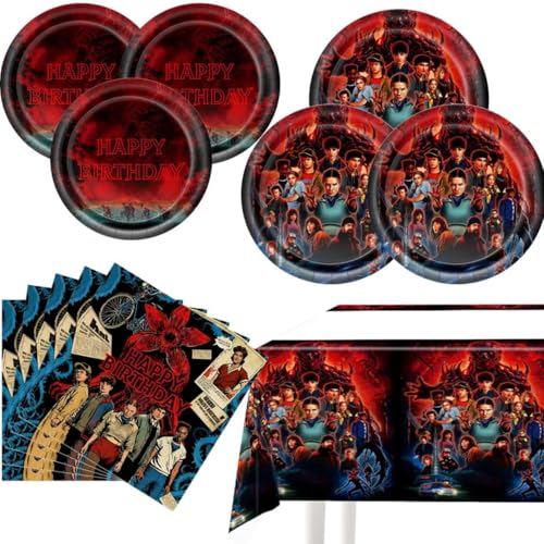 41PCS Stranger Party Tableware 20 Plates 20 Napkins and 71 x 42 Tablecloth - S.tr.anger Theme Birthday Party Decoration Supplies