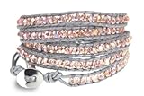 BSJ St Tropez Iridescent Pink Bead Soft Leather 5x Wrap 39 Inch Long Cuff Bracelet
