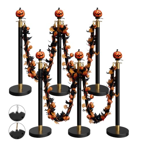 Image of 6 Pack Halloween Pumpkin Head Black&Gold Stanchions and Velvet Ropes Set, Stainless Steel Crowd Control Barriers,4Pcs Black Ropes and Poles for Party,Photobooth Accessories, Prom,Halloween Decorations