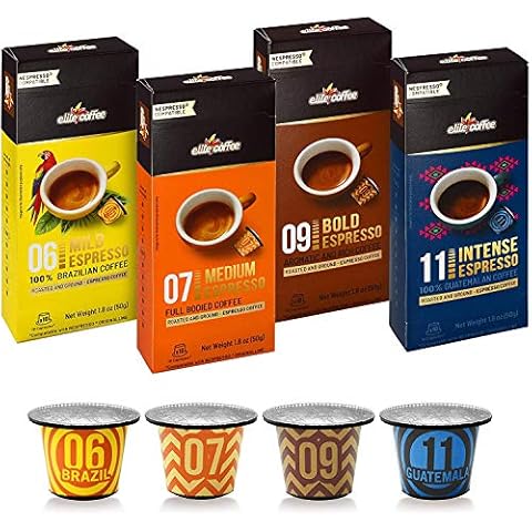 Elite Coffee Espresso Pods Nespresso Compatible Capsules | 40 Single Serve Espresso Pods Variety Pack | Fresh Single Source Ground Coffee Beans in 4 Strengths - Mild, Medium, Bold, and Intense Cover