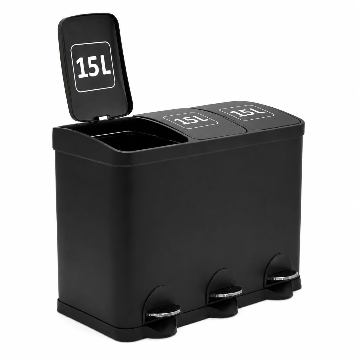 Amig - Pattumiera tripla con pedali 45 litri Mod. RECIK3-3 scomparti estraibili da 15 litri - Pattumiera per raccolta differenziata da cucina - Acciaio - Dimensioni: 60 x 37 x 49 cm - Nero opaco